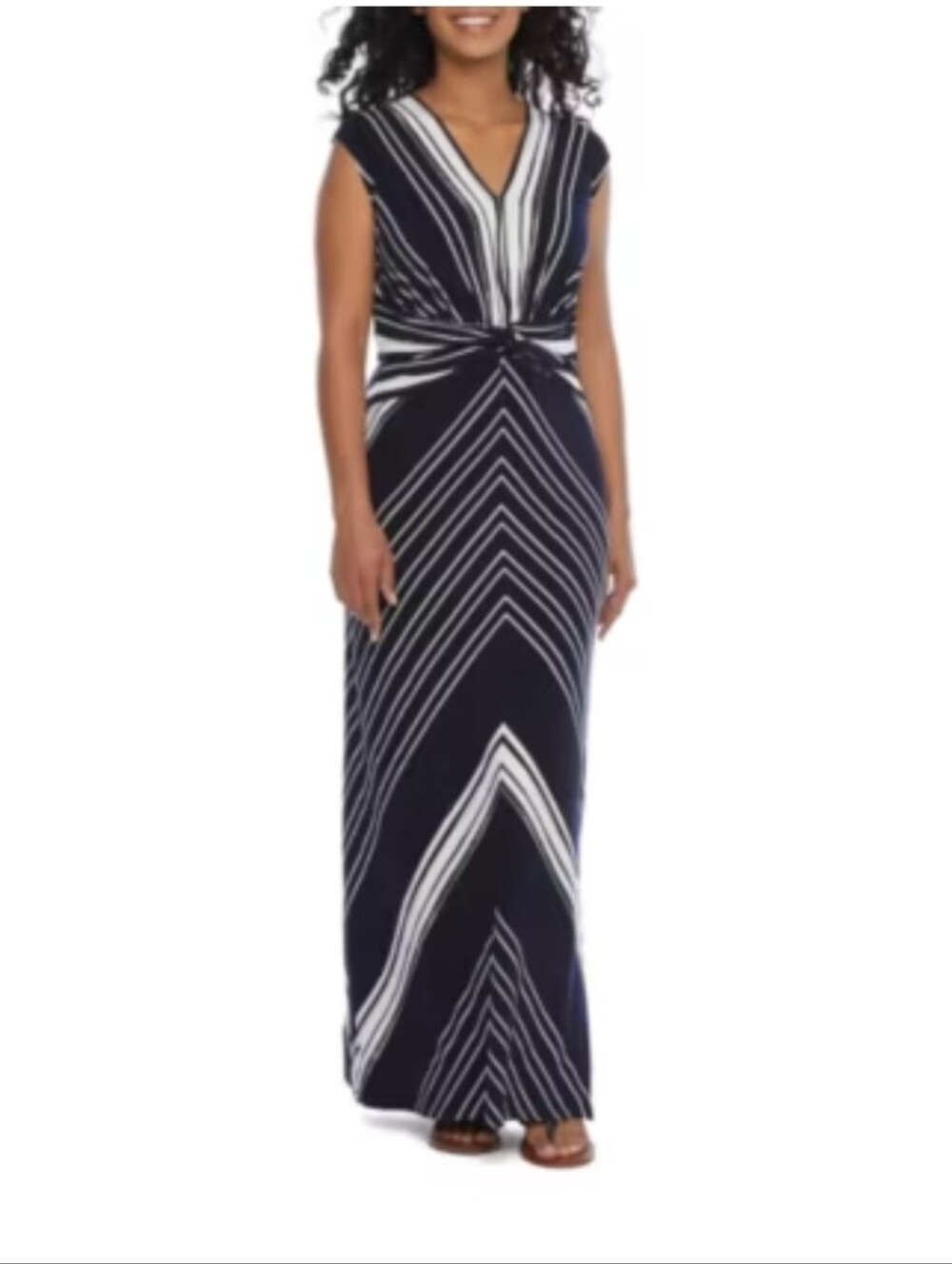 London Times Navy & White Chevron Twist-Front Maxi Dress - Size 16 - Picture 2 of 8